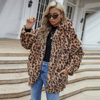 Women's Autumn Winter Leopard Print Hooded Jacket Faux Fur Coat Warm Plush