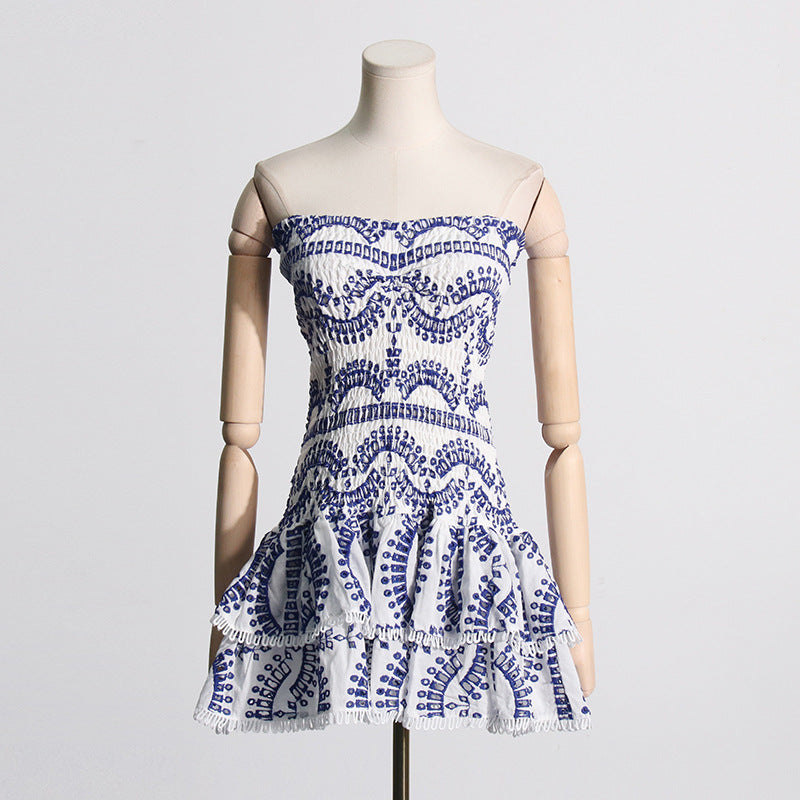Women's Embroidered Ruffle Strapless Mini Dress