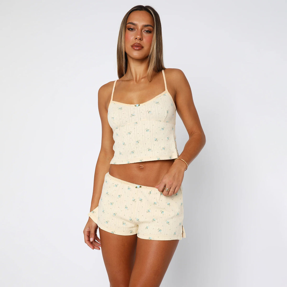 Women's Jacquard Home Wear Pastoral Small Floral Strap Top Shorts Casual Two Piece Set