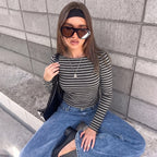 Women's Women Spring Personality Round Neck Long Sleeve Striped Slim Top T Shirt