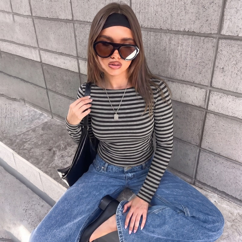 Women's Women Spring Personality Round Neck Long Sleeve Striped Slim Top T Shirt
