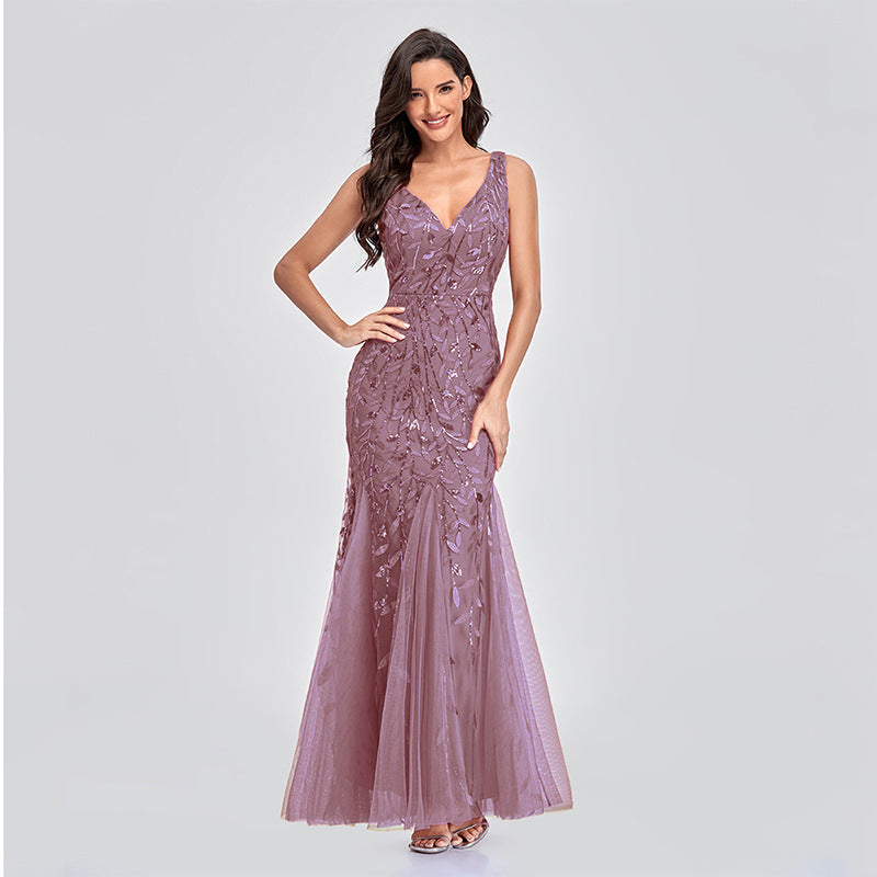 Women's Evening V Neck Tulle Embroidered Sequ Mermaid Prom Formal Dress