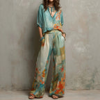 Women's Printed V-Neck Top & Wide-Leg Pants Set