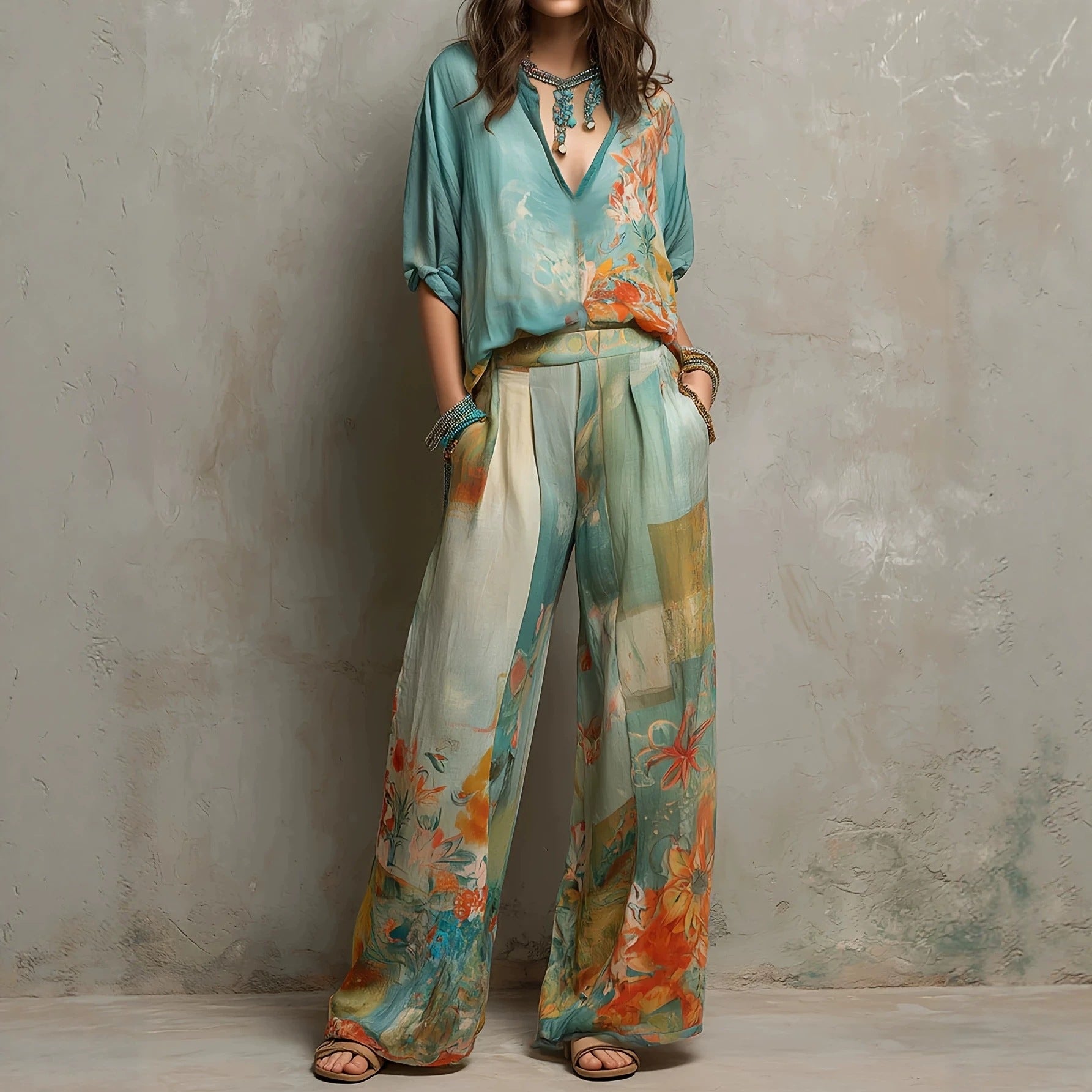 Women's Printed V-Neck Top & Wide-Leg Pants Set
