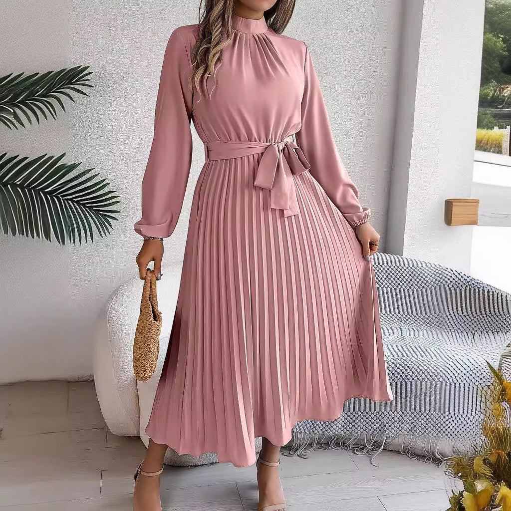 Autumn Winter Elegant Stand Collar Long Sleeve Cinched Pleated Maxi Dress Small