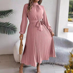 Autumn Winter Elegant Stand Collar Long Sleeve Cinched Pleated Maxi Dress Small