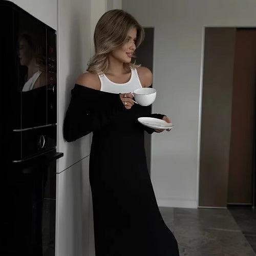Women's Long Sleeve Stitching Faux Two Piece Vest Dress