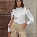 Women's Detachable-Sleeve White Cotton Blouse