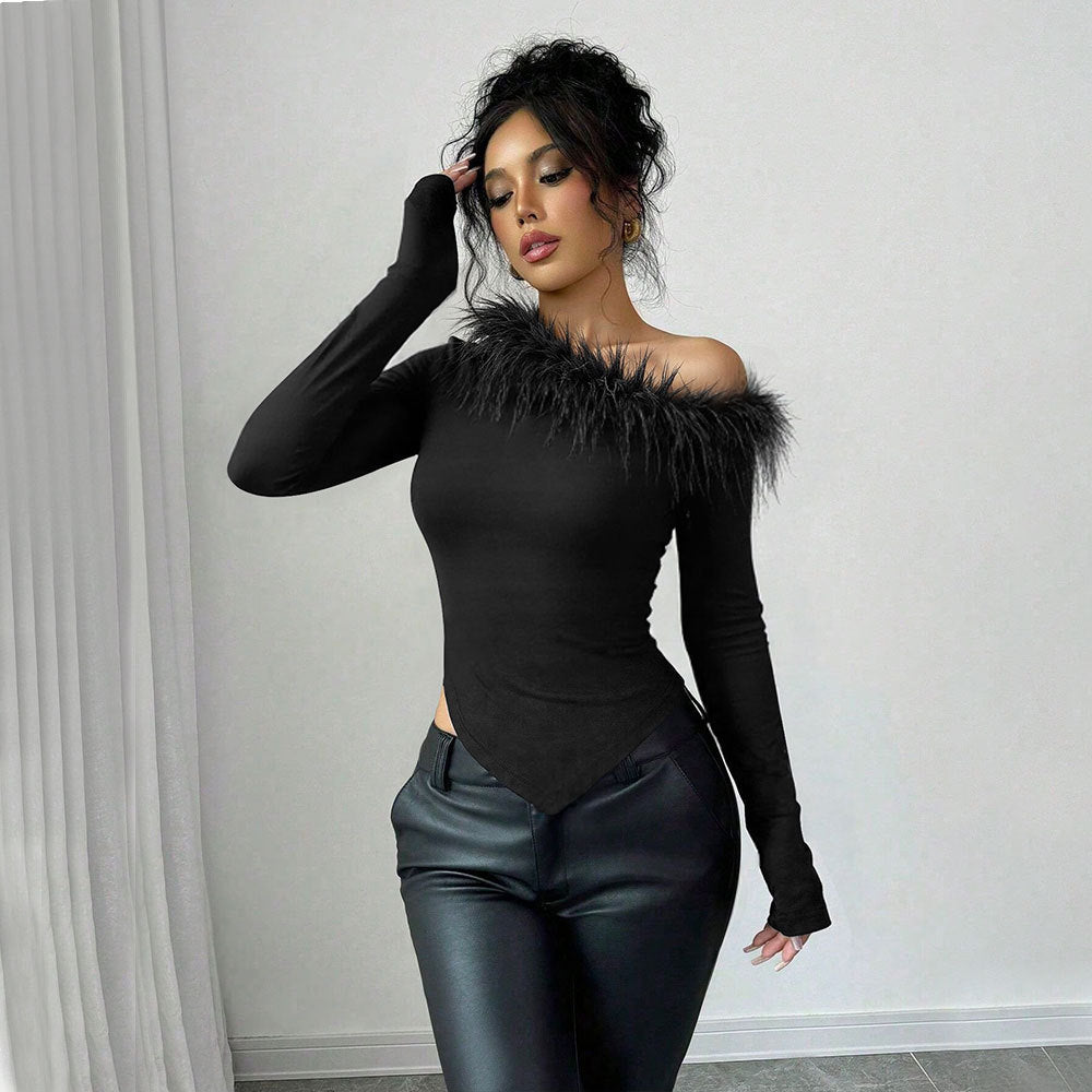 Women's Feather Detail One-Shoulder Long Sleeve Top