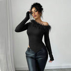 Women's Feather Detail One-Shoulder Long Sleeve Top