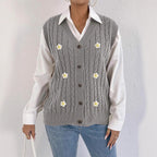 Women Knitted Cardigan Autumn Winter Women Clothing Casual Outerwear Vest Twist Woven Sweater Three Dimensional Floral Stitching Vest