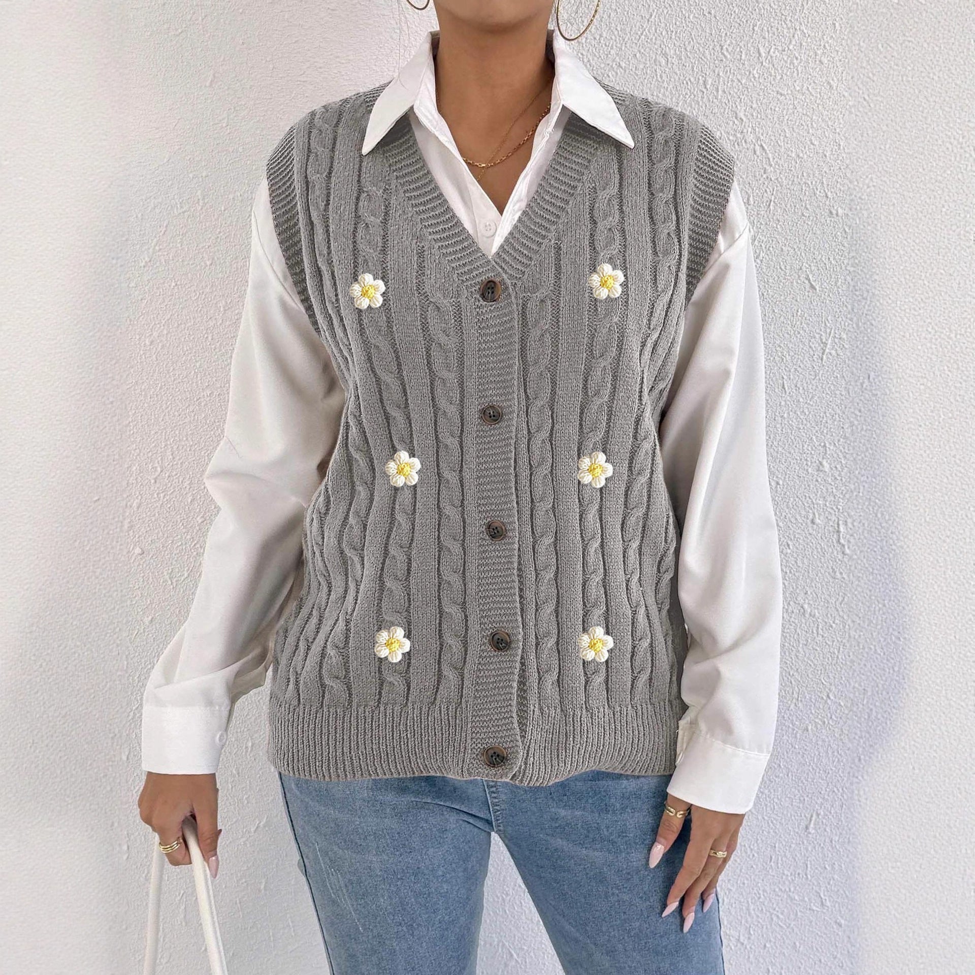 Women Knitted Cardigan Autumn Winter Women Clothing Casual Outerwear Vest Twist Woven Sweater Three Dimensional Floral Stitching Vest