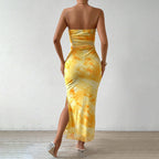 Women's Floral Strapless Ruched Split Midi Dress