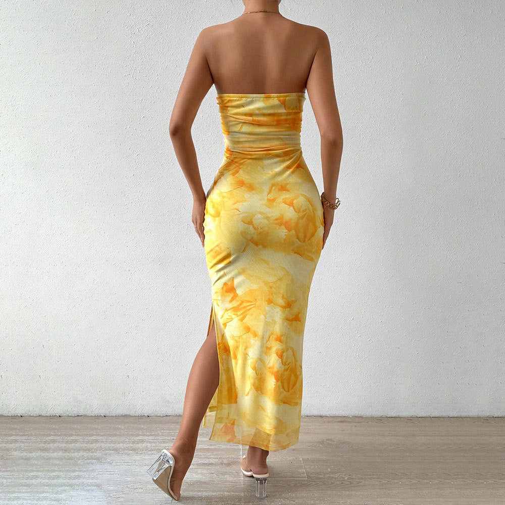 Women's Floral Strapless Ruched Split Midi Dress