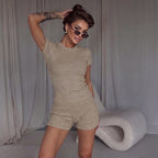 Summer Women Solid Color Pullover round Neck Waist Trimming