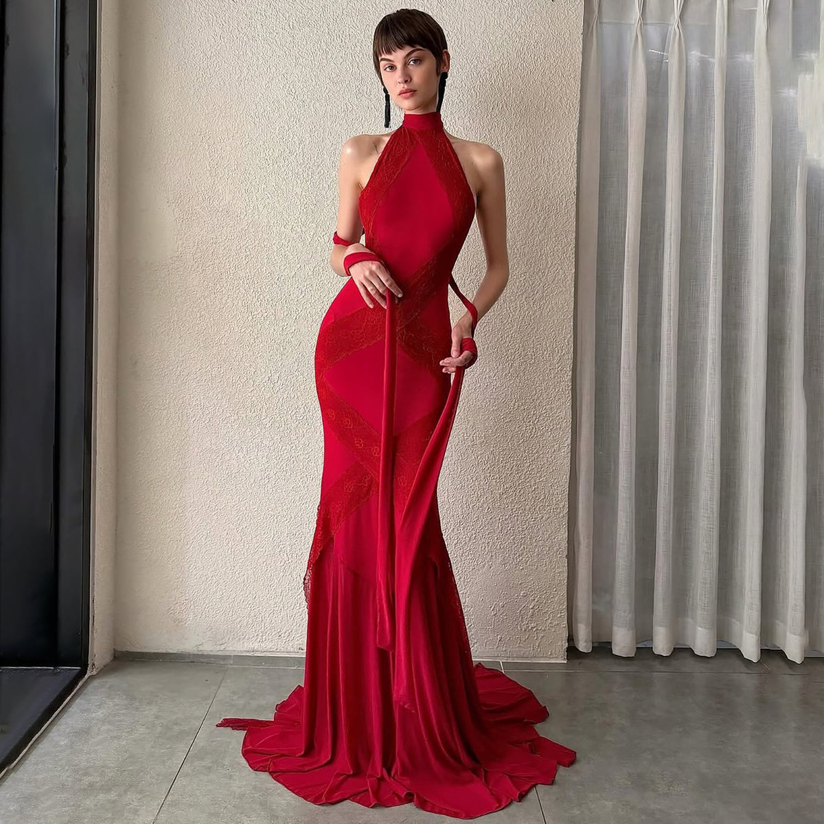 Halter-Neck Backless Lace Maxi Dress