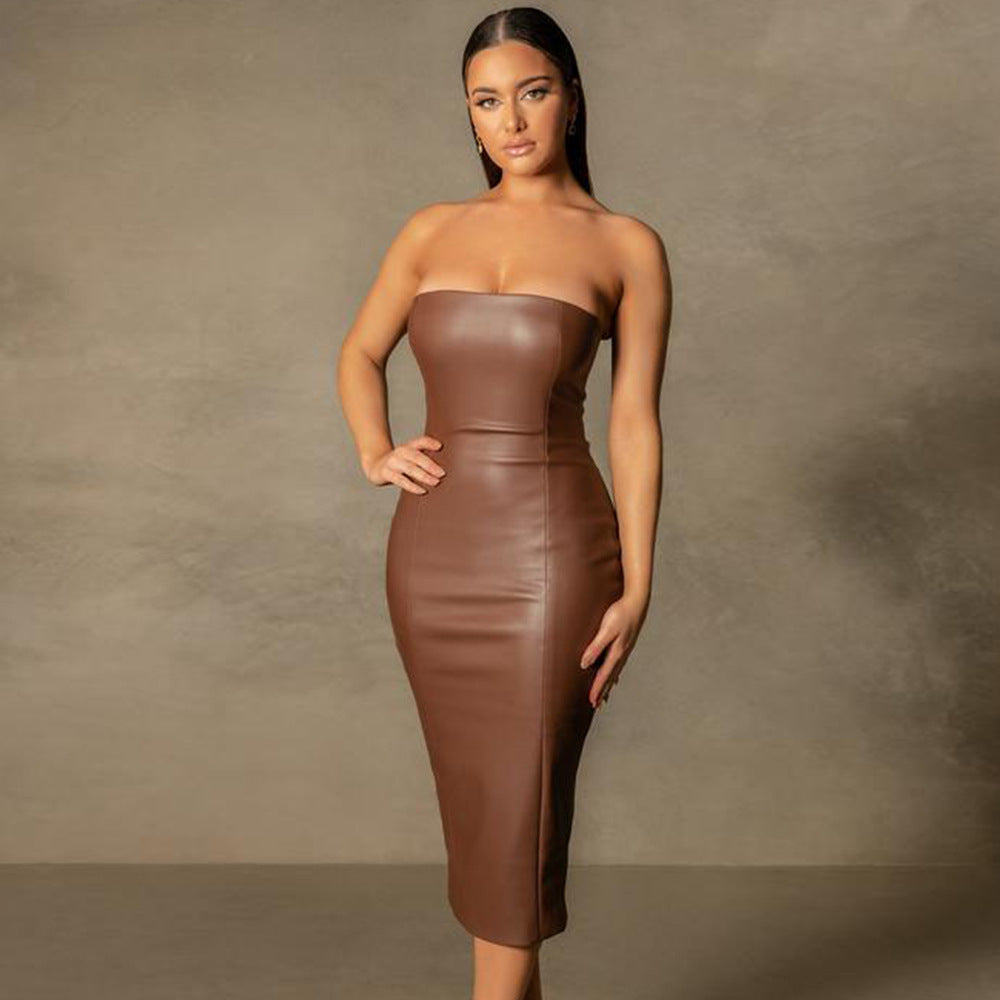 Women's Autumn Winter Solid Color Faux Leather Elegant Slim-Fit Tube Top Dress