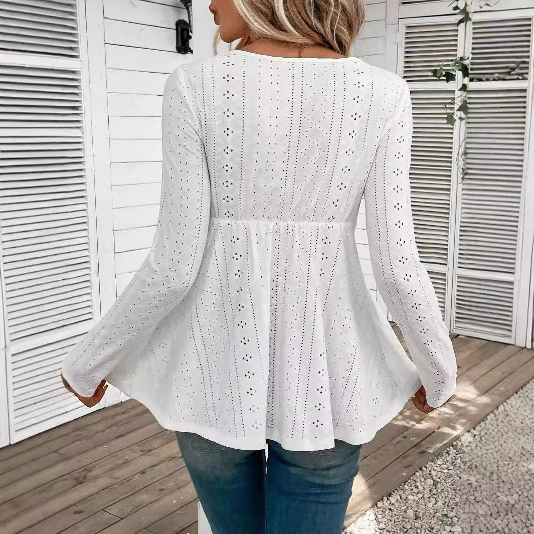 Lace Stitching V-Neck Long Sleeve Top