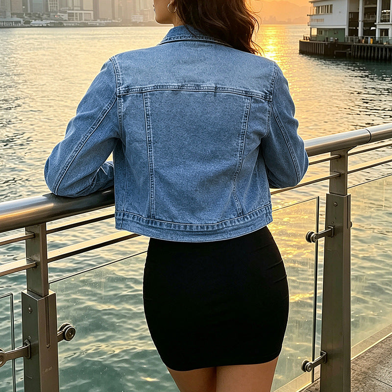Light Blue Washed Denim Jacket Women Short Spring Autumn Denim Jacket Long Sleeve Top