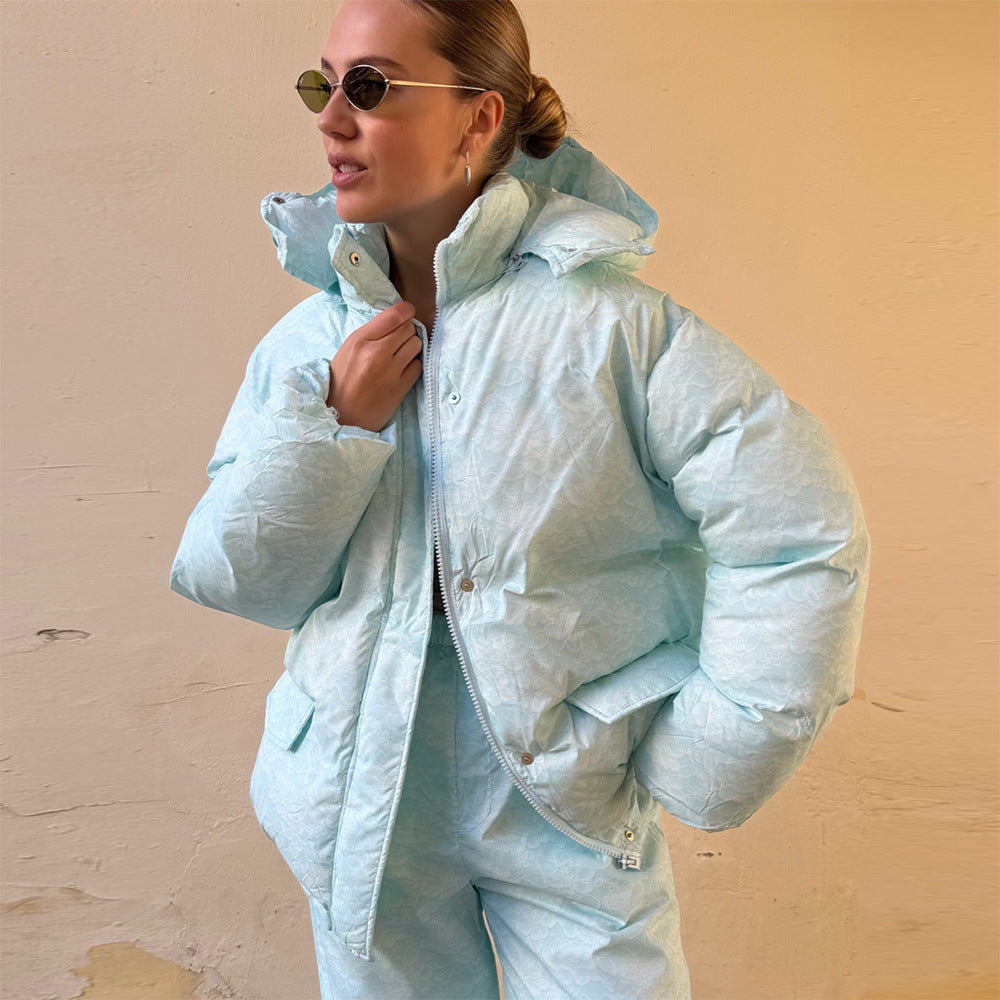 Light Blue Printing Cotton-Padded Jacket
