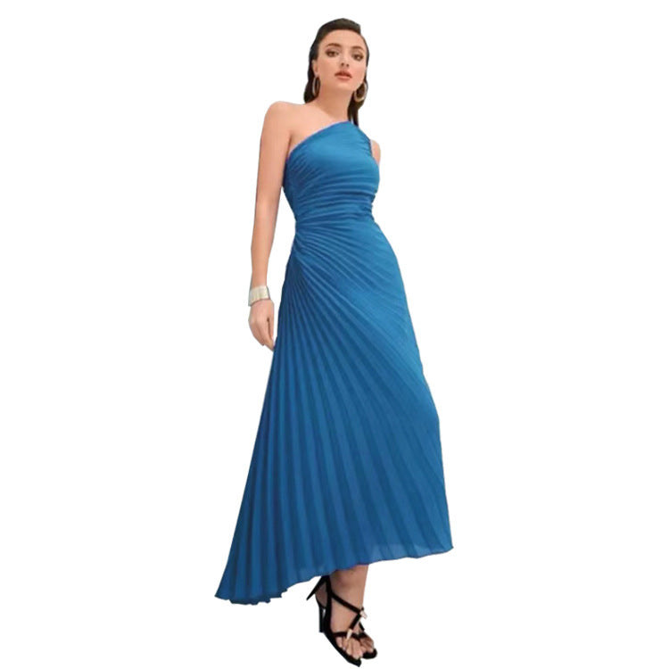 Women Clothing Pleated Slant Shoulder Asymmetric