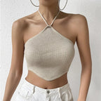 's Short Temperamental Backless Halter Lace Up Knitted Vest Top
