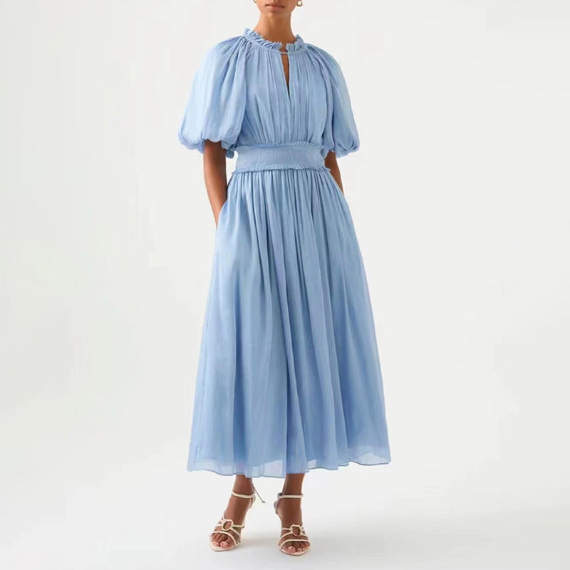 Women's Puff-Sleeve Ruffle Mesh Maxi Dress