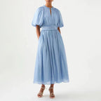 Women's Puff-Sleeve Ruffle Mesh Maxi Dress