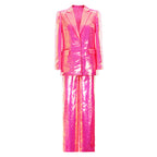 Women's Spring Autumn Sequined Cool Shining Bling Blazer Trousers Suit