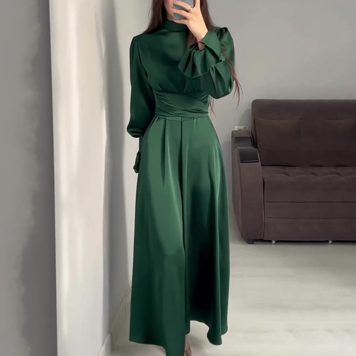 Long-Sleeve Puff-Sleeve Green Dress
