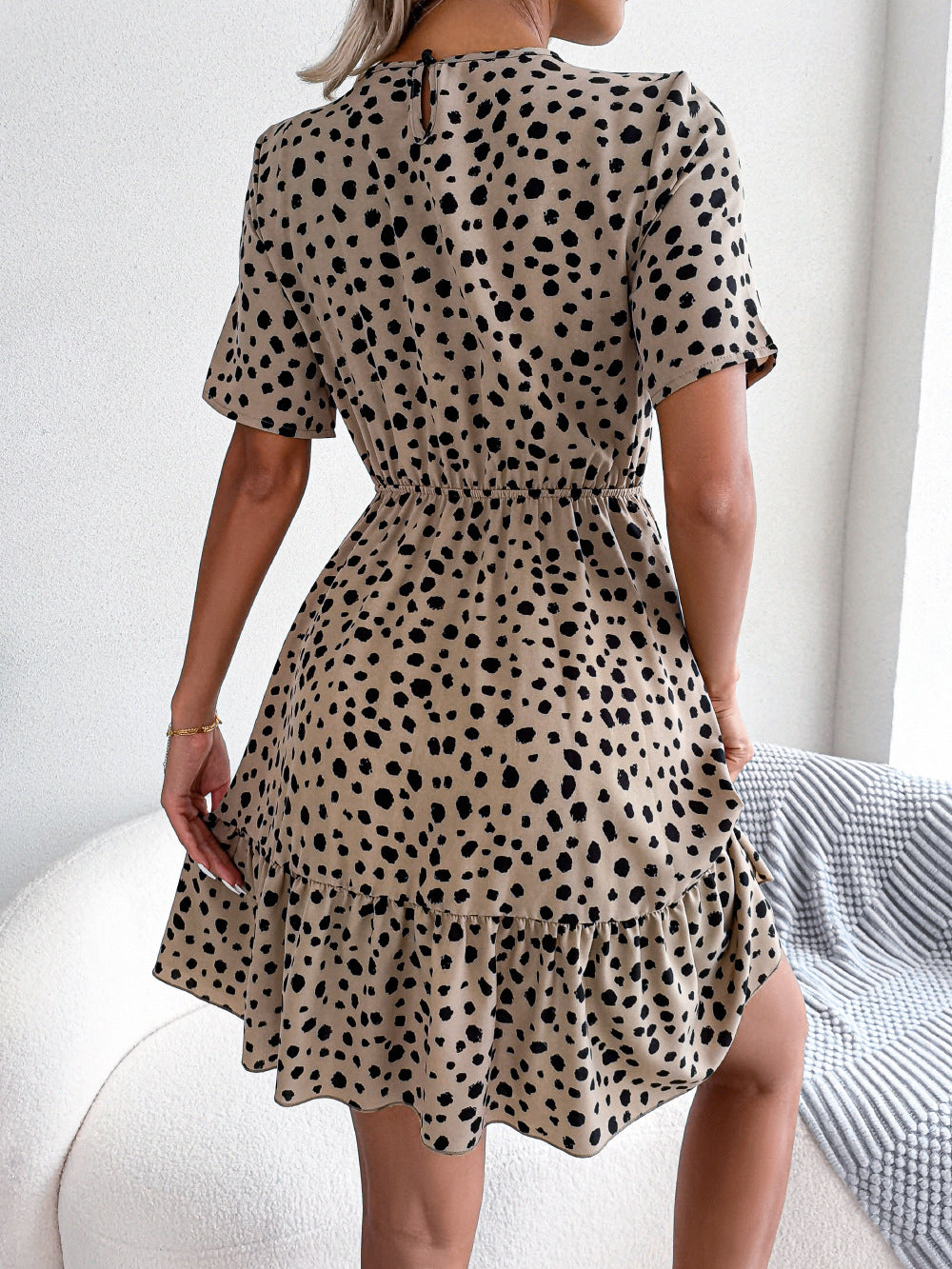 Spring Summer New Casual Polka-Dot Cinched Ruffled Large Swing Dress Tiered