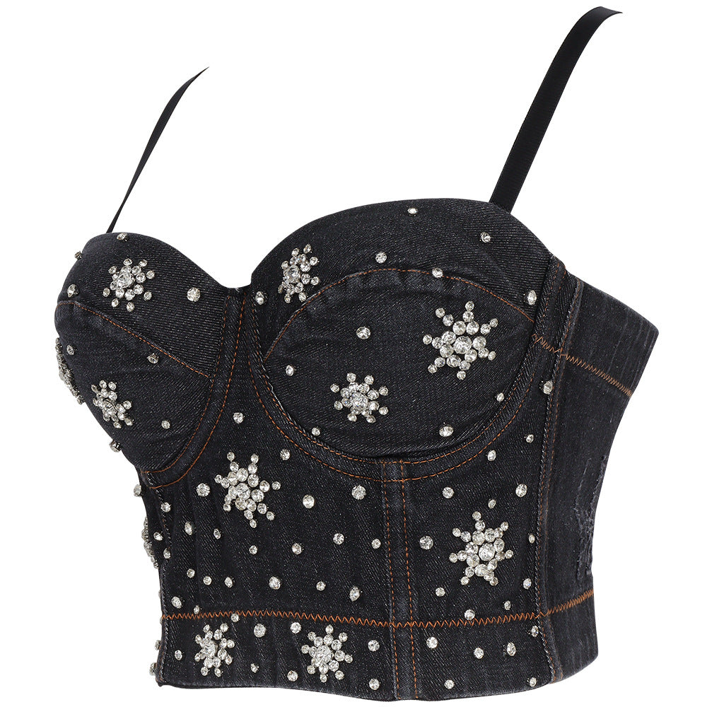 Women's Beaded Denim Corset Top