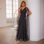 Sequin V-Neck A-Line Evening Maxi Dress
