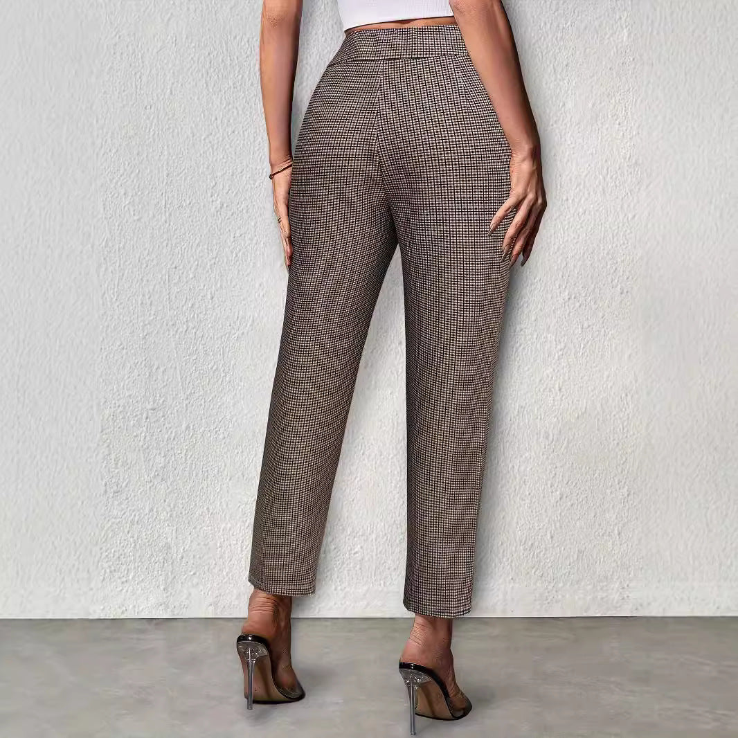 Women's brown textured check pants with pleated waistband and straight legs