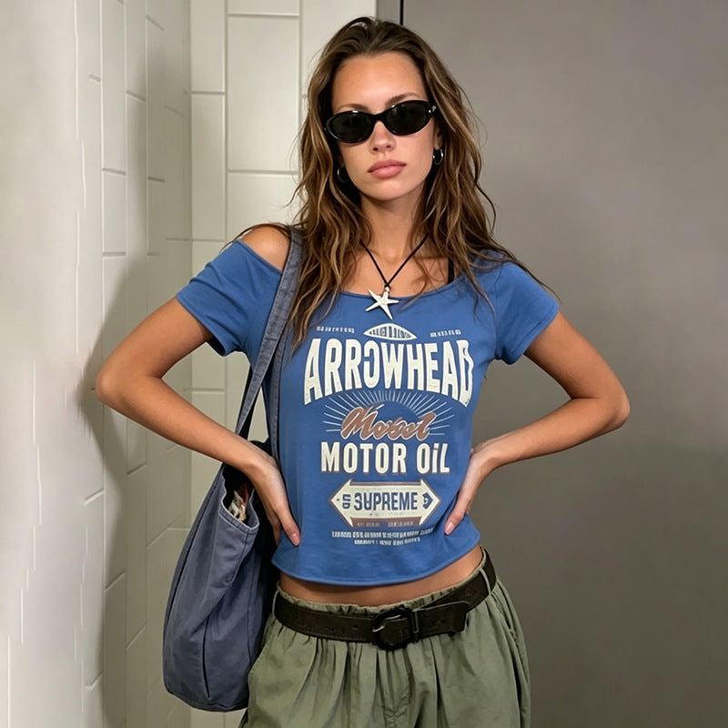 Summer Women Clothing Retro Street Letter Graphic Printed Short Cropped Short Sleeved Top