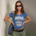 Summer Women Clothing Retro Street Letter Graphic Printed Short Cropped Short Sleeved Top