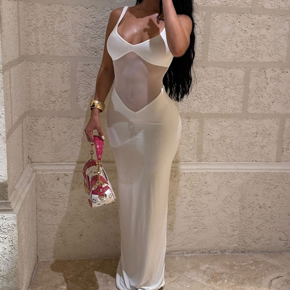 V-Neck Mesh Cami Bodycon Maxi Dress