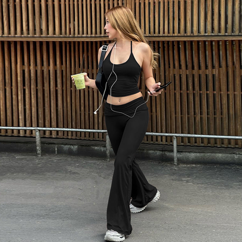 Women's Spring Sexy Cropped Halterneck Vest Slim High Waist Bootcut Pants Set