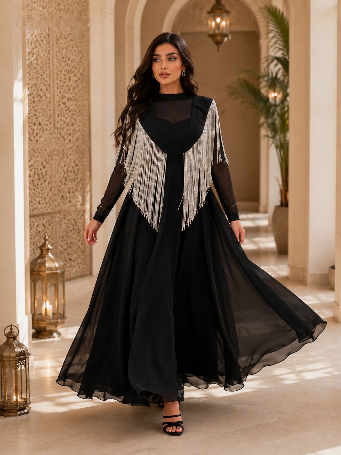 Women's Black Tassel Evening Dress