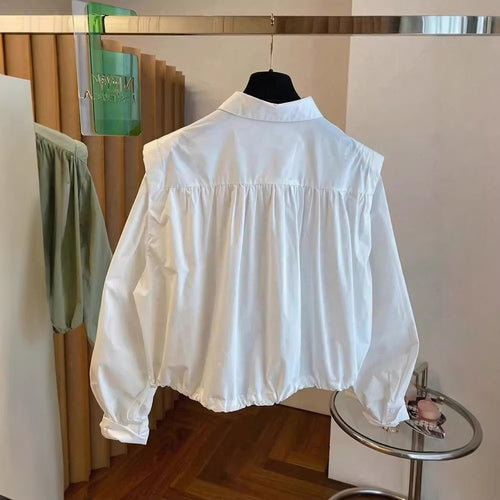 Women's Spring Summer Women Solid Color Single Breasted Drawstring Ruffle Shirt
