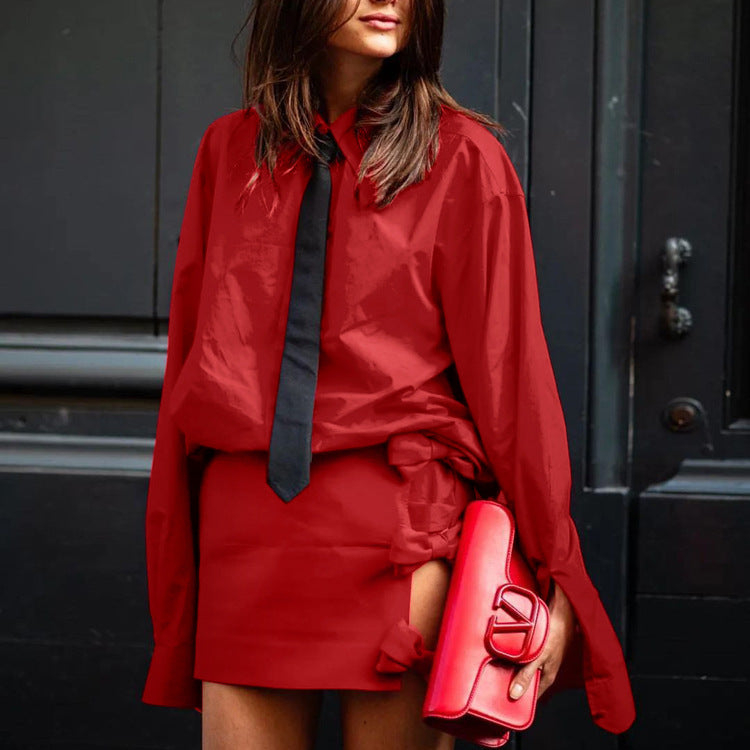 Collared Shirt & Split Hip Skirt Set