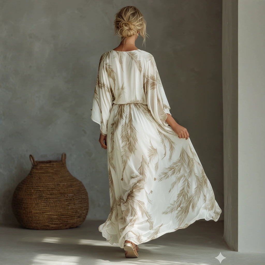 Women's lace dress in cream white, open back, tie waist belt, flowing A-line skirt