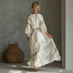 Women's lace dress in cream white, open back, tie waist belt, flowing A-line skirt
