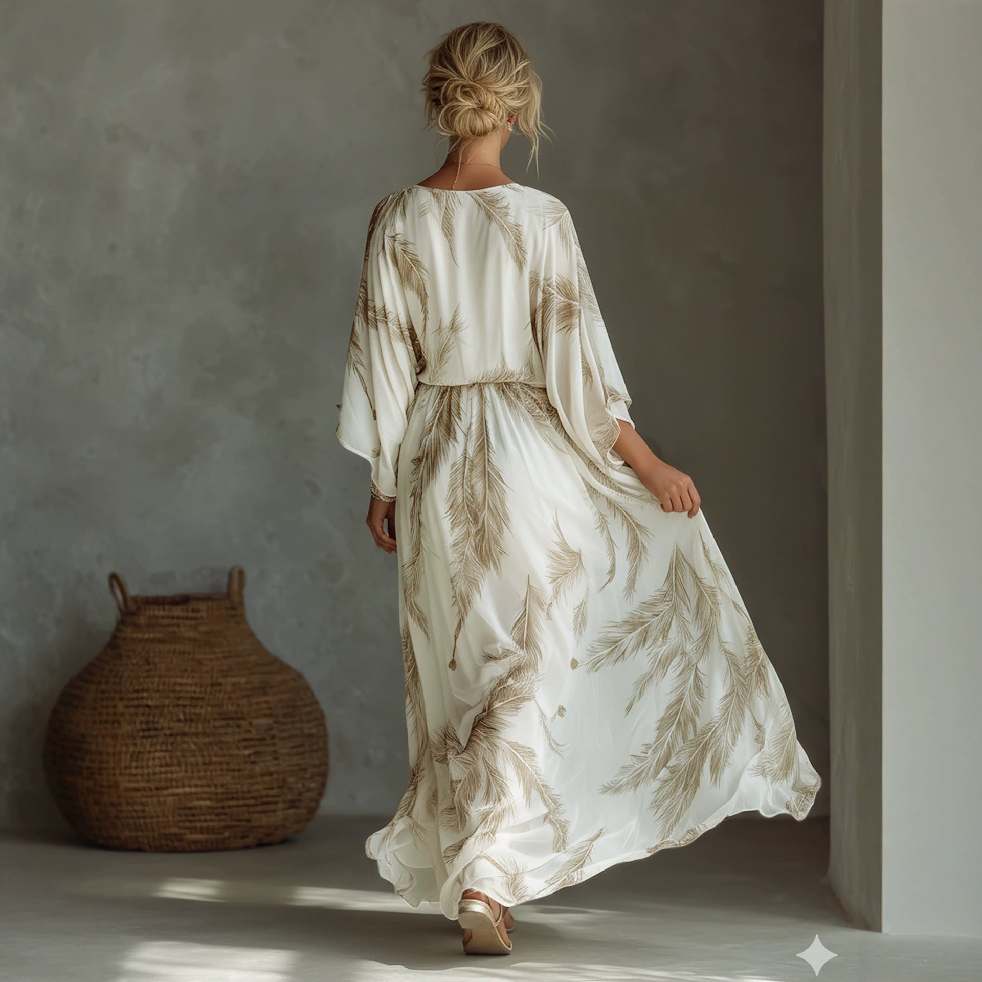 Women's lace dress in cream white, open back, tie waist belt, flowing A-line skirt