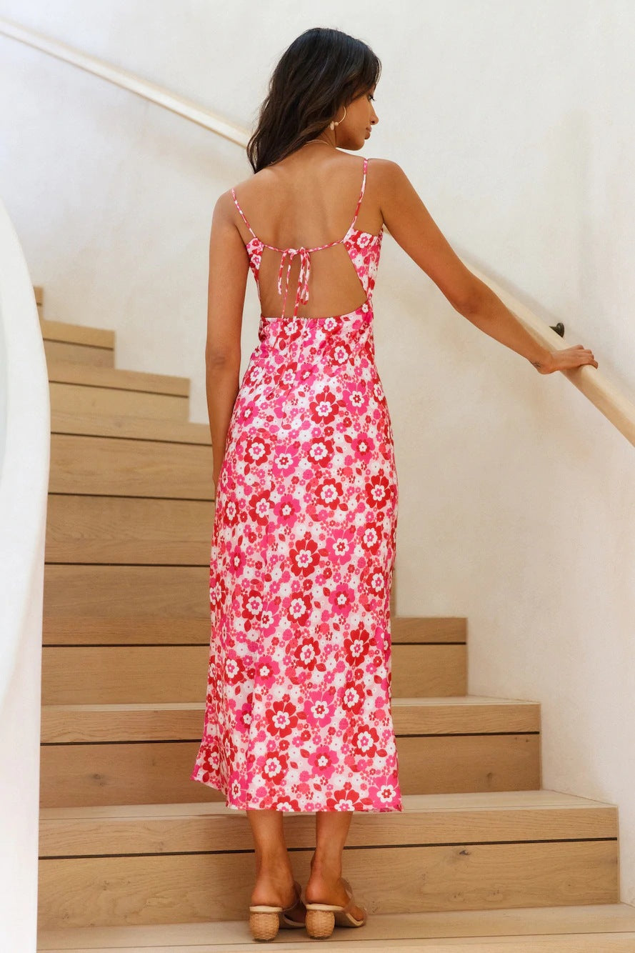 Women's Summer Sexy Backless Spaghetti Straps V-Neck Sleeveless Printed Slim Dress