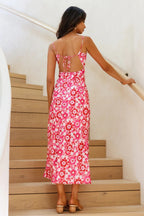 Women's Summer Sexy Backless Spaghetti Straps V-Neck Sleeveless Printed Slim Dress
