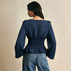 Women's Off-Shoulder Tie-Neck Flared-Sleeve Top