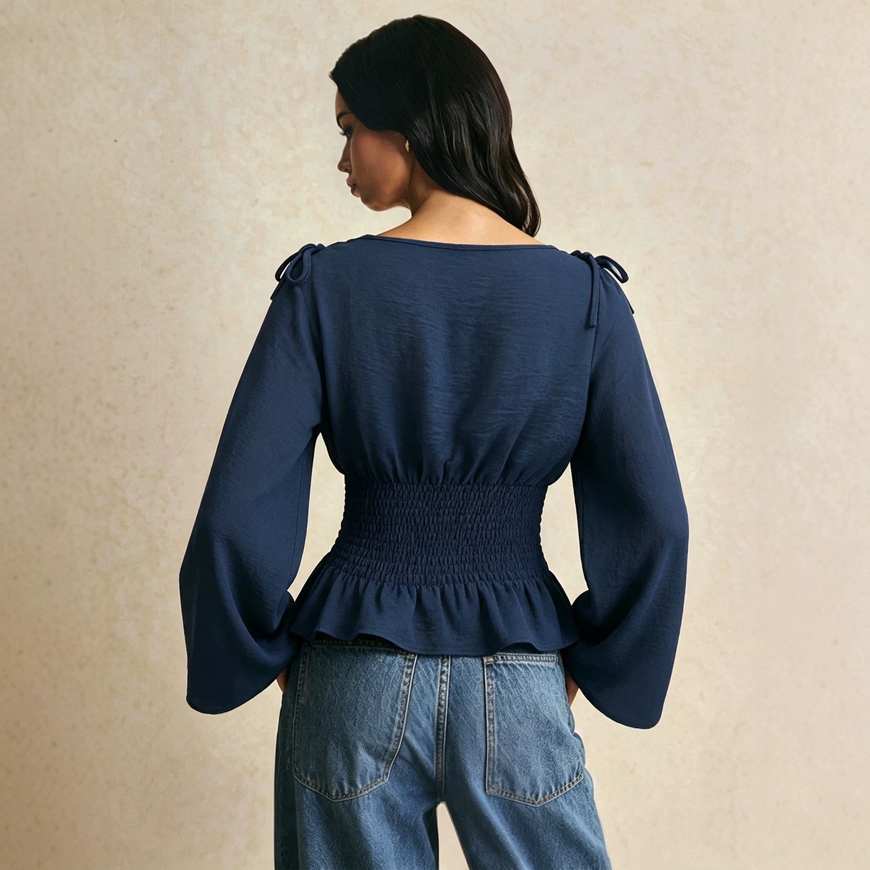 Women's Off-Shoulder Tie-Neck Flared-Sleeve Top