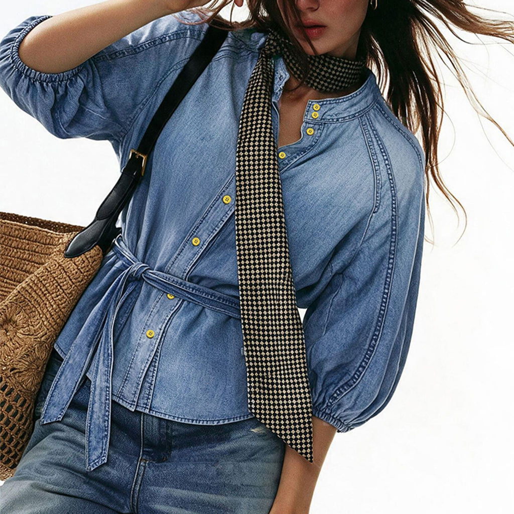 Women's Cropped Denim Stand-Collar Puff Sleeve Shirt