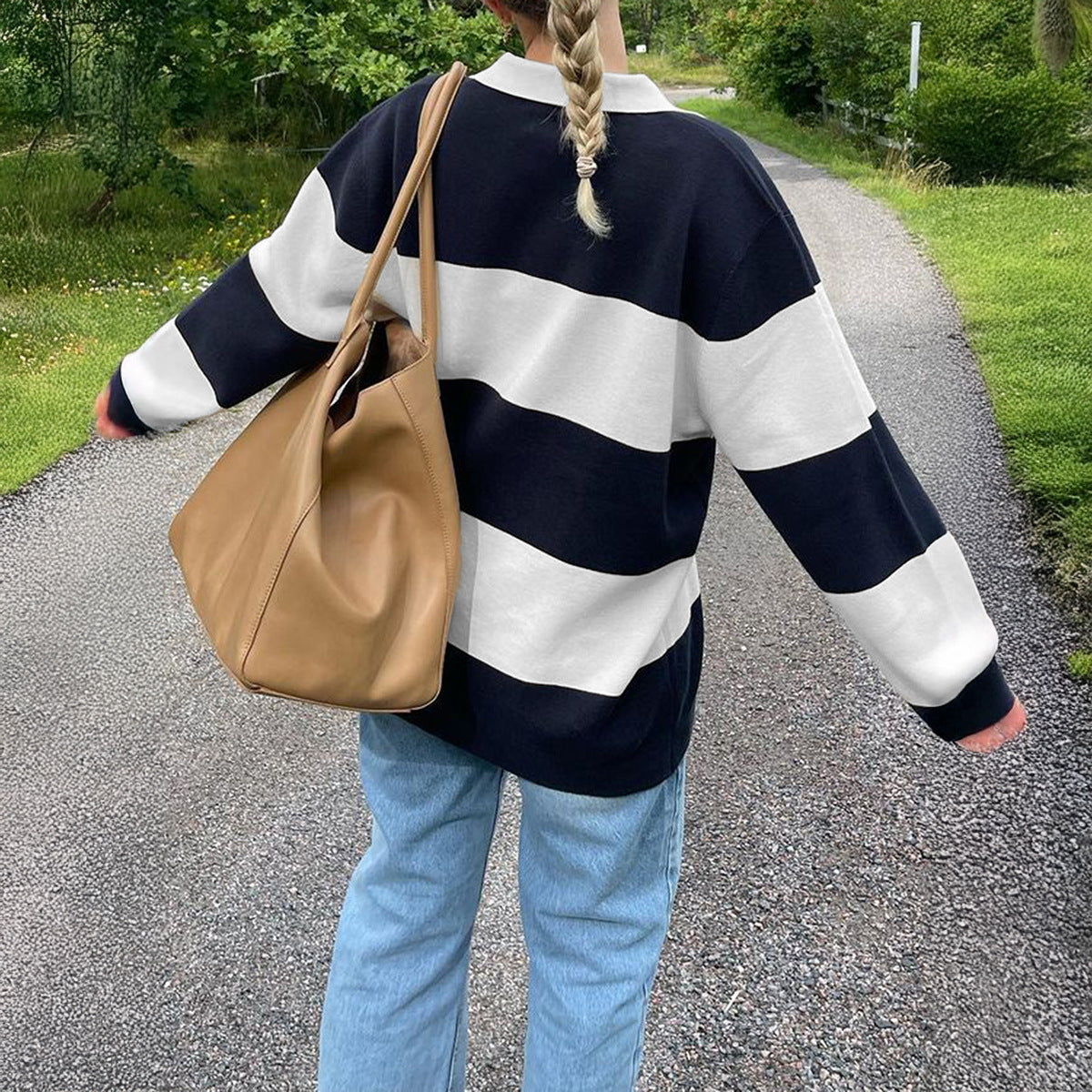 Women's Women’s Striped Polo Collar Button Top
